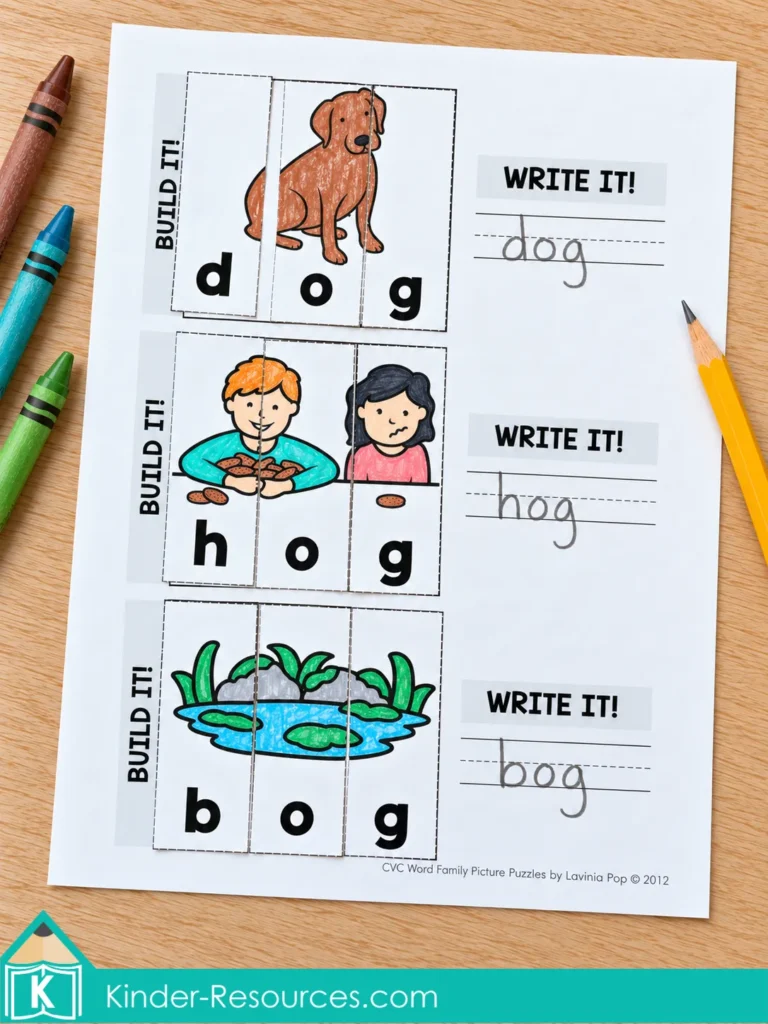 CVC Word Family Picture Puzzles combine dog, hog, and bog cut and paste pictures with short o word writing.