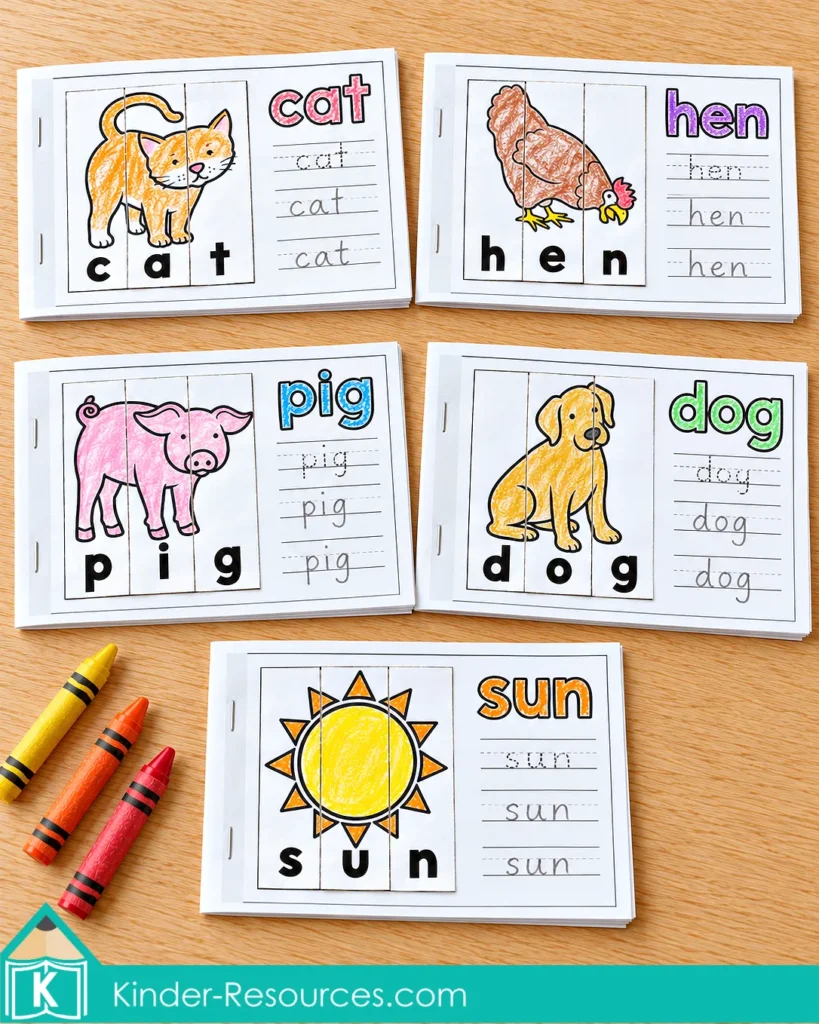 CVC Word Family Picture Puzzles combine cat, hen, pig, dog, and sun mini books with tracing and writing practice.