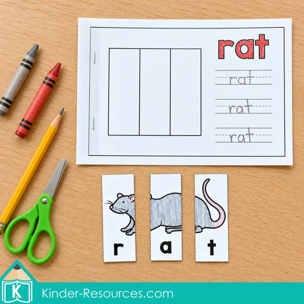 CVC Word Family Picture Puzzles include loose rat strips below an empty frame, with tracing and writing practice.