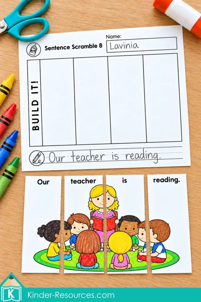 Back to school sentence building activity with four picture strips arranged to form “Our teacher is reading.” and a worksheet with the sentence copied below the empty puzzle spaces.