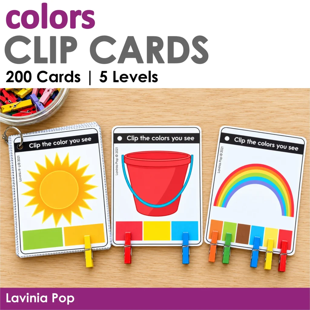 Colors Clip Cards cover advertising 200 cards across five levels, with sun, bucket, and rainbow activities using colored clothespins.