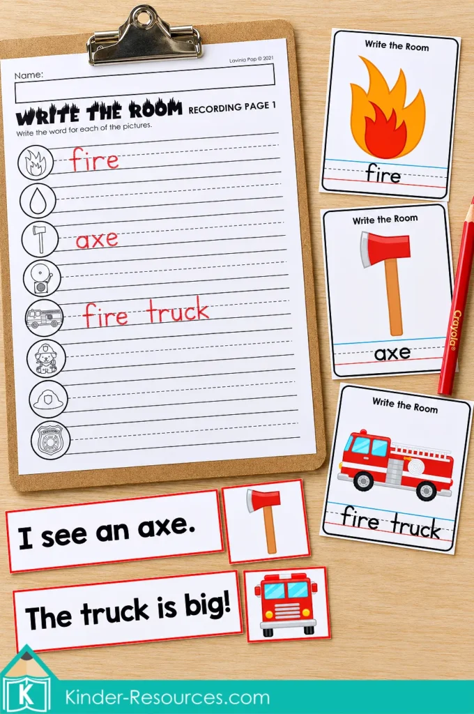 Kindergarten fire safety reading and writing activities with vocabulary cards, a recording sheet, and sentence strips matched to pictures.