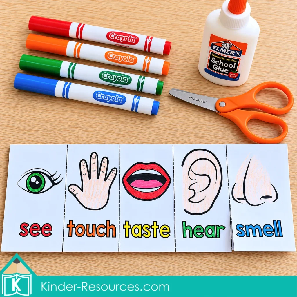 Scissors, glue, markers, and a five senses flap book ready for students to color and assemble