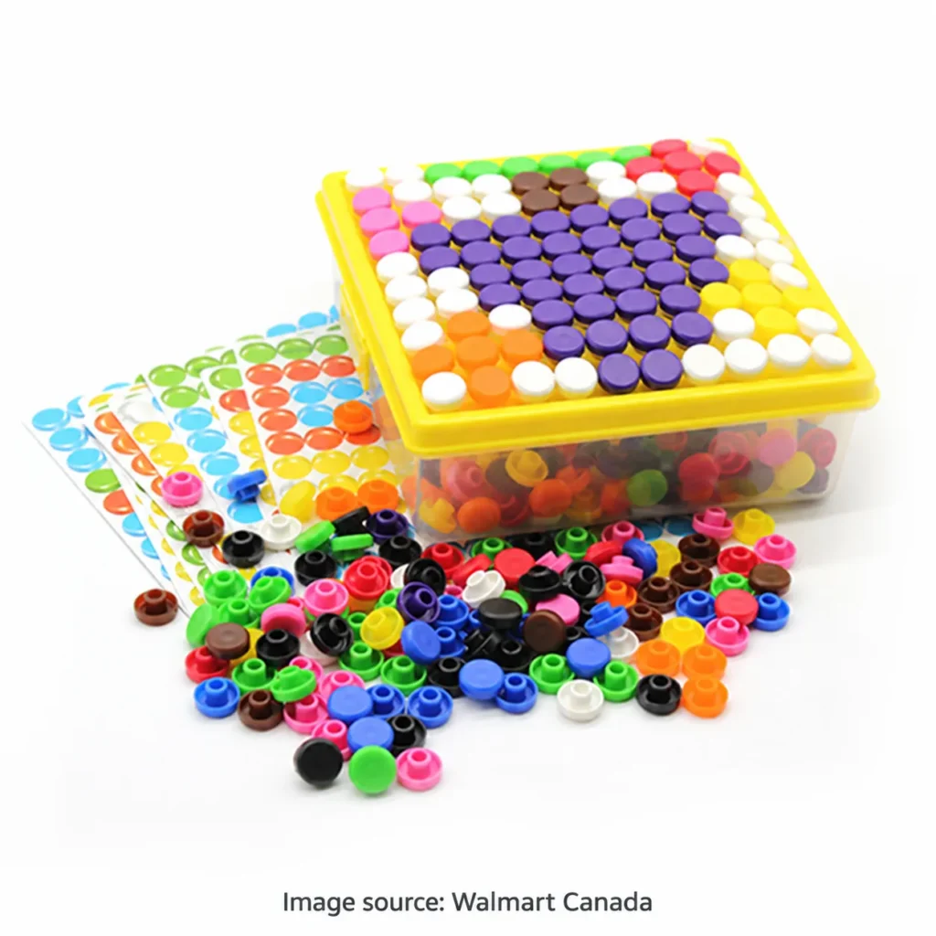 Colorful mosaic pegs, picture cards, and a storage box with a yellow lid holding a completed peg design. Supplies for hands-on color matching and pattern copying activities. Image sourced from Walmart Canada.