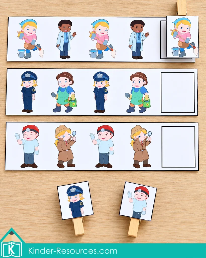Three community helper AB pattern strips with alternating worker pictures and picture pieces attached to clothespins for completing the sequences.
