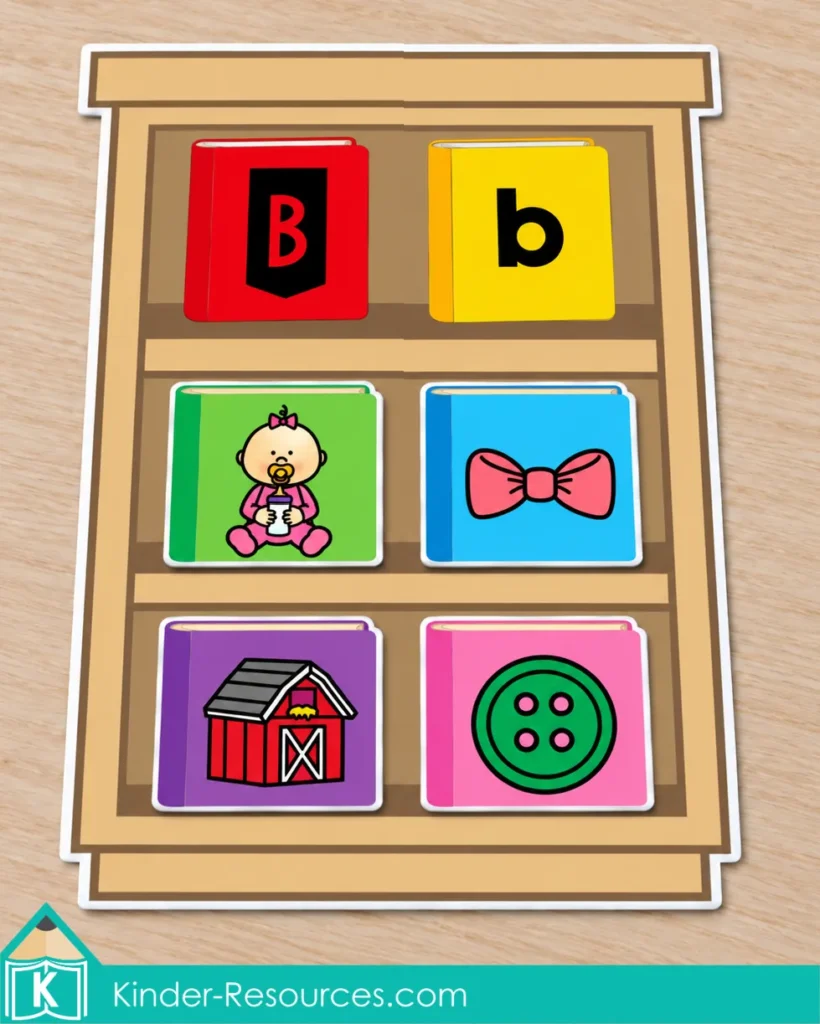 Bookcase mat displaying uppercase B and lowercase b above picture books showing a baby, bow, barn, and button.