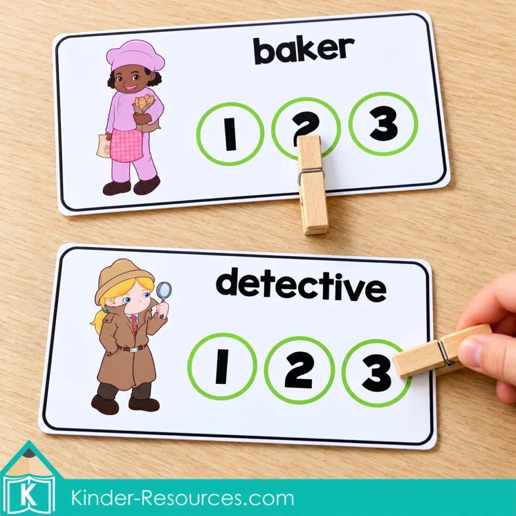 Baker and detective syllable cards with wooden clothespins marking 2 for baker and 3 for detective.