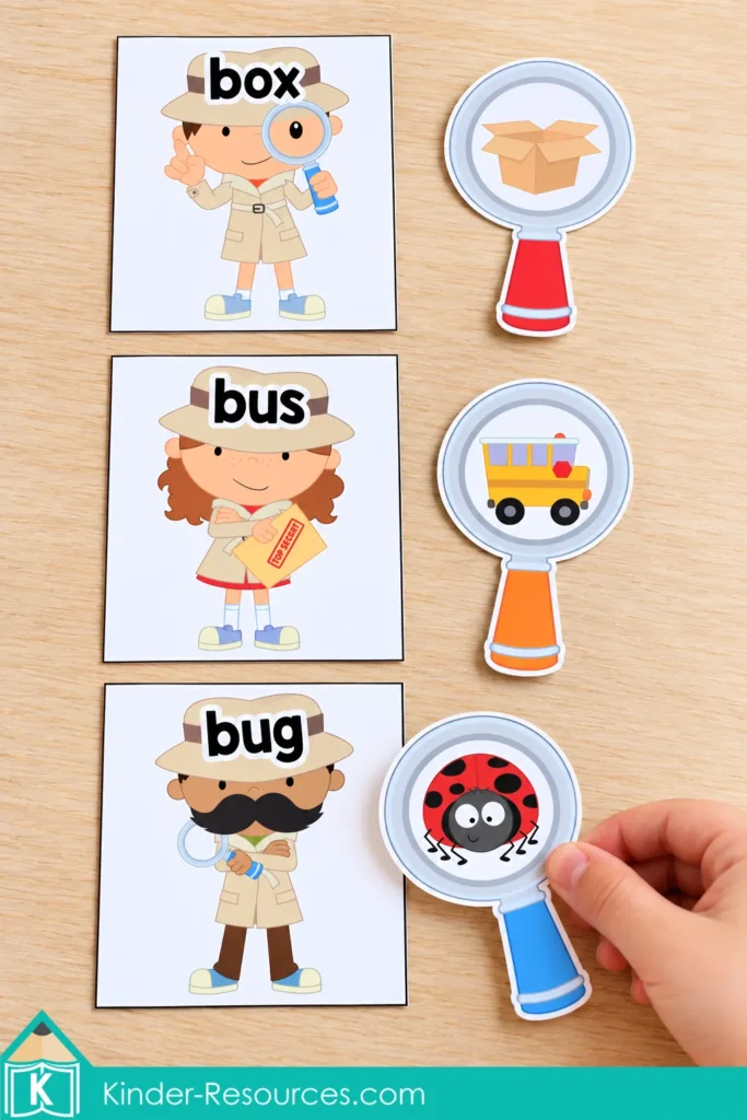 Hand matching a bug picture on a magnifying glass to a detective card labeled bug, with matching box and bus pairs above.