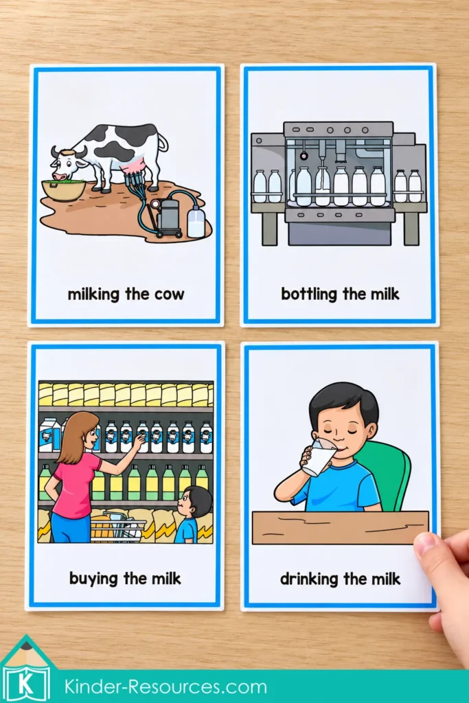 Four sequencing cards showing milking a cow, bottling milk, buying milk, and drinking milk, with a hand holding the final card.