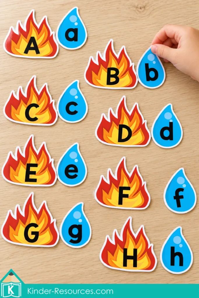 Hand matching a lowercase b water drop to an uppercase B flame, with letter pairs A to H arranged on a wooden table.