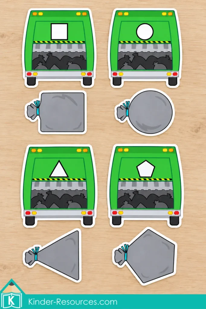 Four green garbage trucks displaying a square, circle, triangle, and pentagon, each paired with a matching gray trash bag shape.