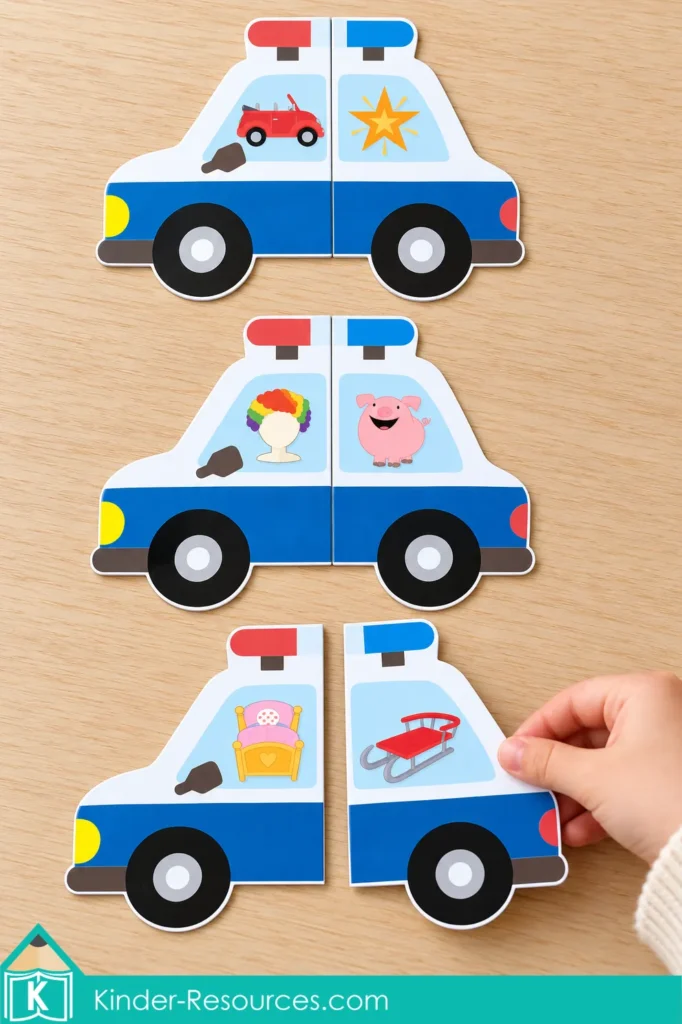 Hand matching bed and sled police car puzzle pieces, with completed car and star and wig and pig rhyming pairs above.