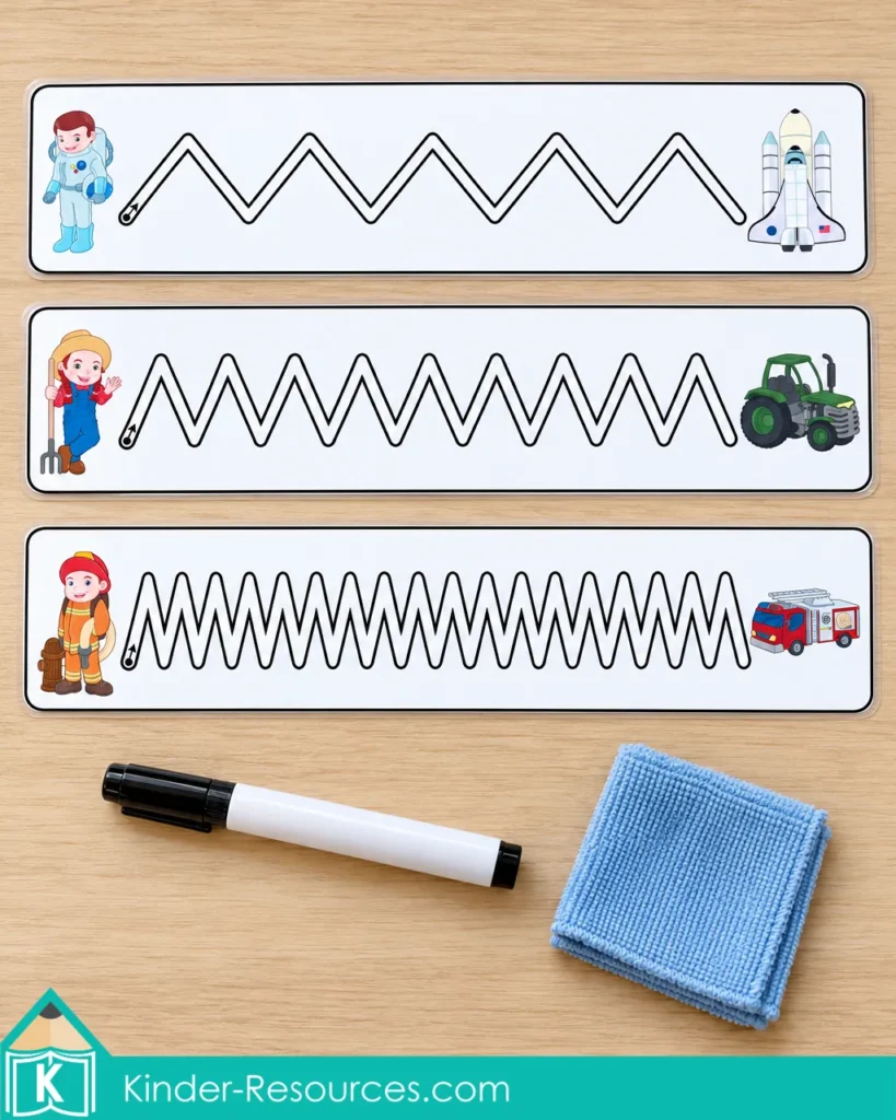 Three zigzag tracing cards connecting an astronaut, farmer, and firefighter to their vehicles, with a dry erase marker and blue cloth.