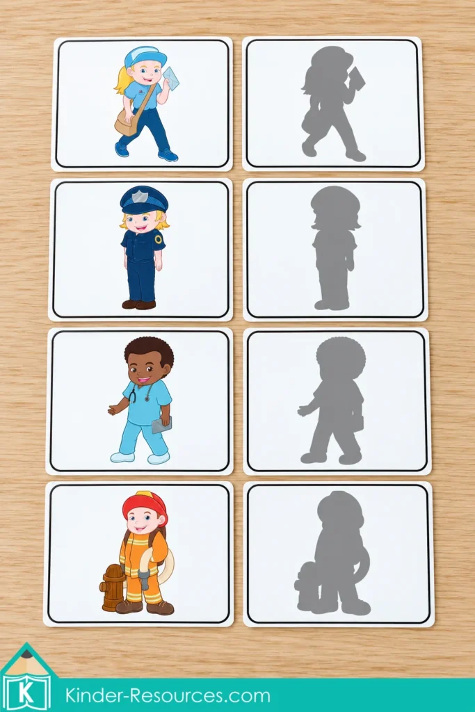 Picture cards of a mail carrier, police officer, nurse, and firefighter arranged beside their matching gray silhouettes.