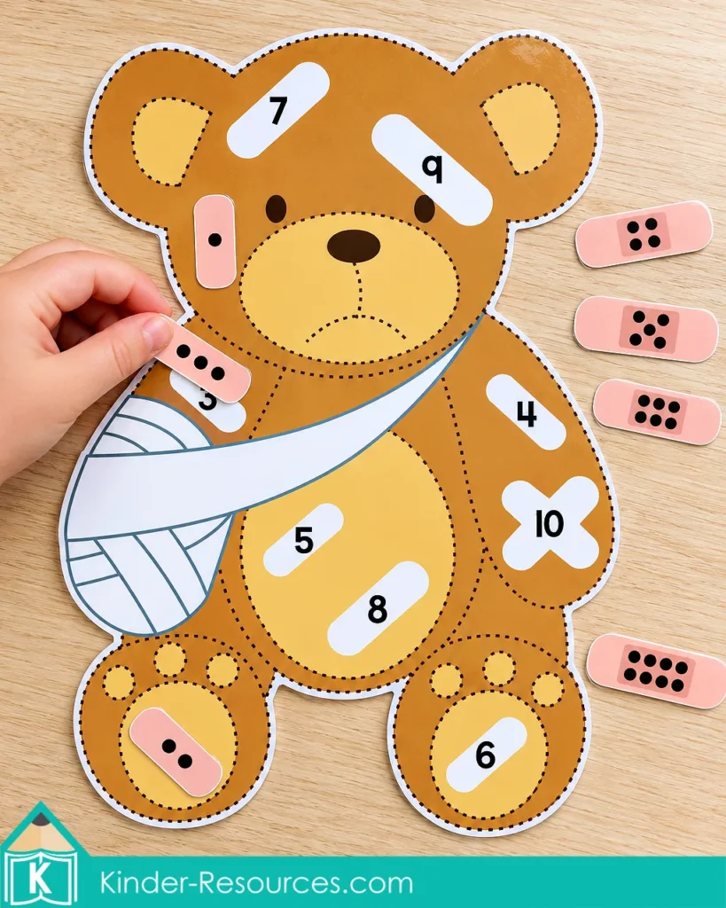 Hand matching a three-dot bandage to number 3 on a teddy bear counting mat during a community helpers preschool activity.