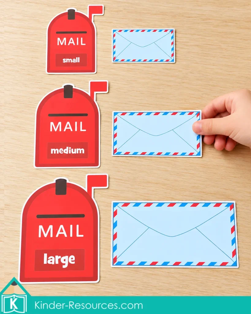 Red mailboxes labeled small, medium, and large beside matching envelopes, with a hand placing the medium envelope next to its mailbox.