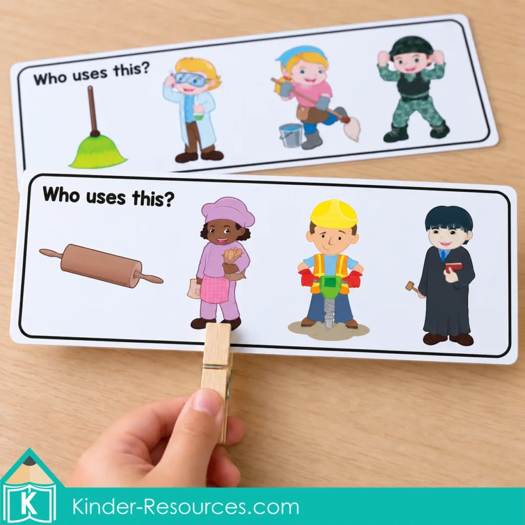Hand clipping the baker as the person who uses a rolling pin on a Who Uses This? card, with a broom matching card behind it.