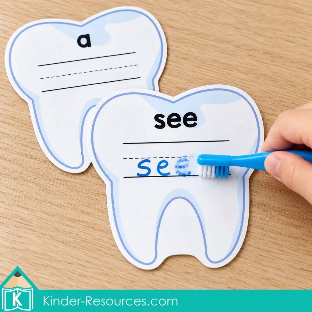 Hand using a blue toothbrush to erase the handwritten word see from a tooth card, with another tooth card displaying a behind it.