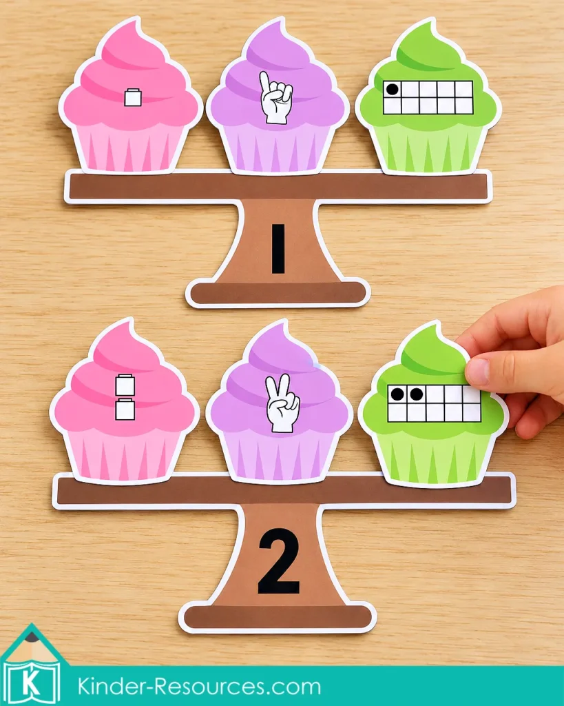 Cupcake stands labeled 1 and 2 with matching cupcakes showing quantities as cubes, fingers, and ten frames.