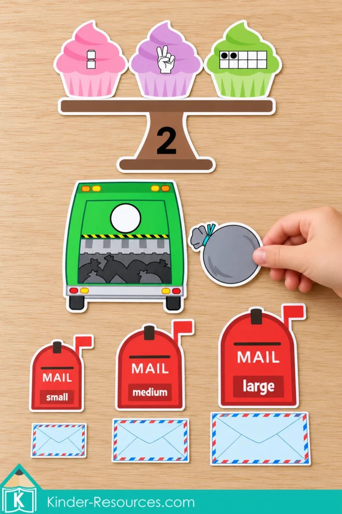 Cupcake number matching, garbage truck shape matching, and envelopes sorted beside mailboxes labeled small, medium, and large.