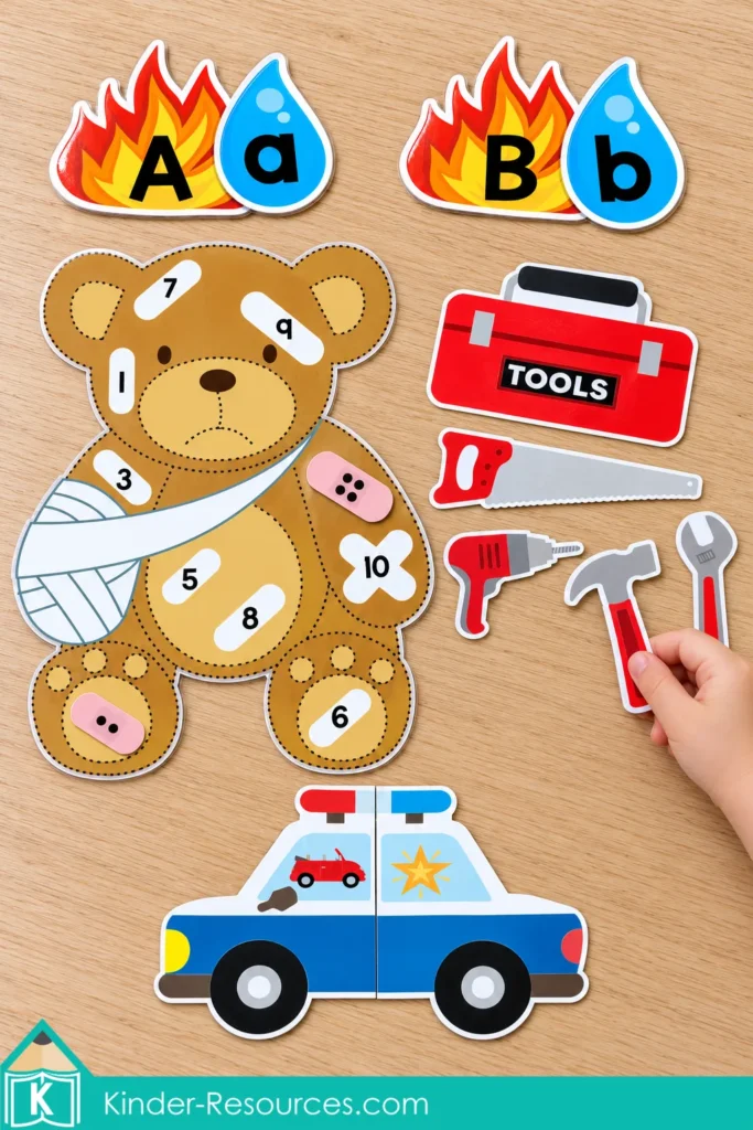 Firefighter letter matching, Sick Teddy counting, red toolbox color matching, and a police car rhyming puzzle arranged on a wooden table.