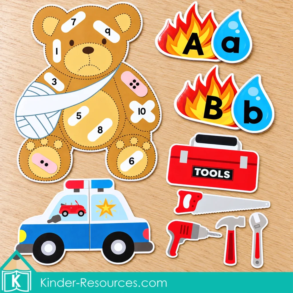 Community helpers preschool activities featuring teddy bear counting, firefighter letter matching, a police car rhyming puzzle, and toolbox color sorting.