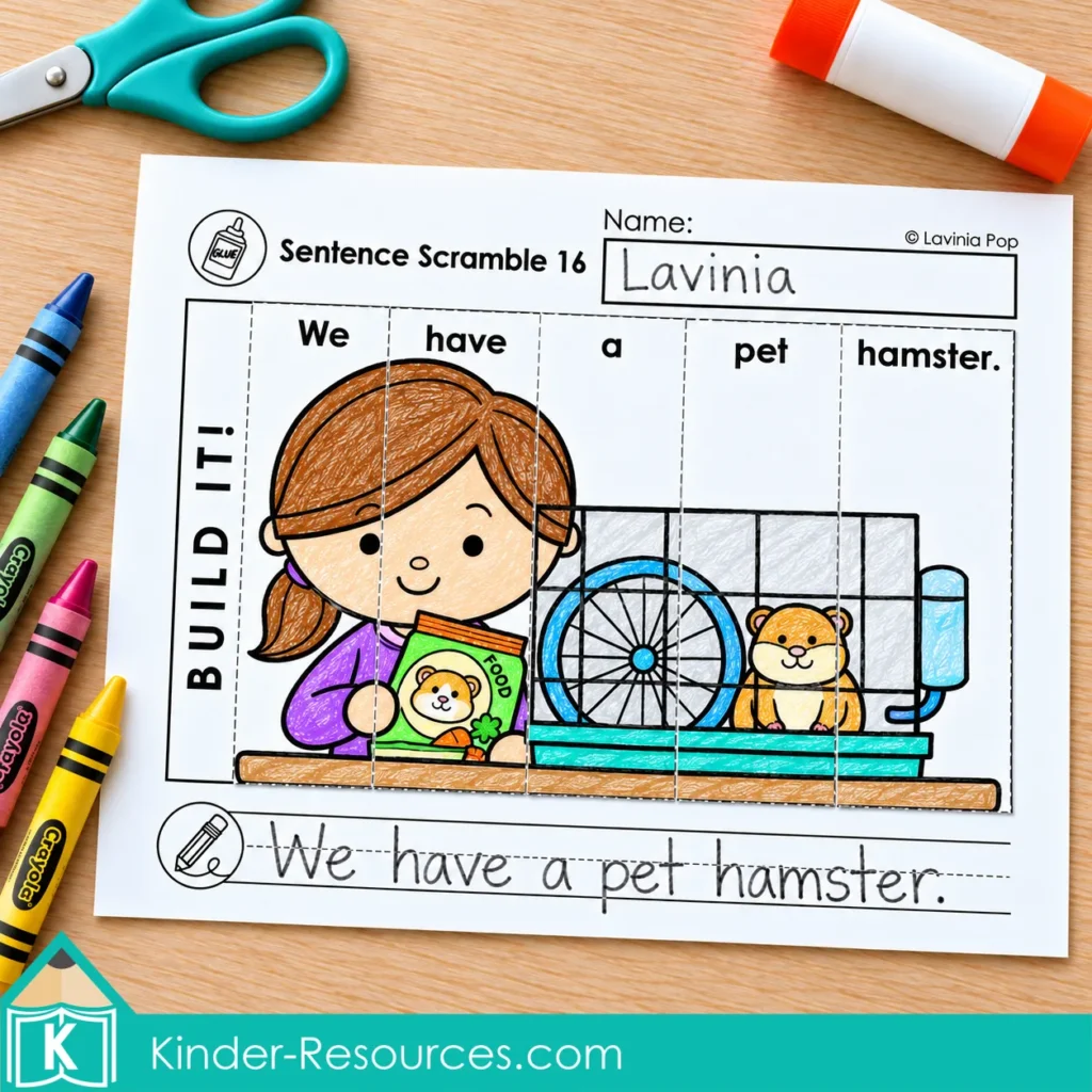 Back to school sentence building worksheet with a colored hamster picture puzzle and the sentence “We have a pet hamster.” assembled and copied onto handwriting lines.