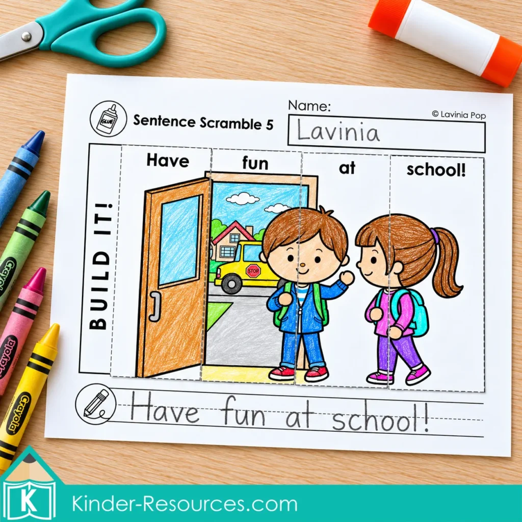 Back to school sentence building worksheet with a completed picture puzzle of children arriving at school and the sentence “Have fun at school!” written below.