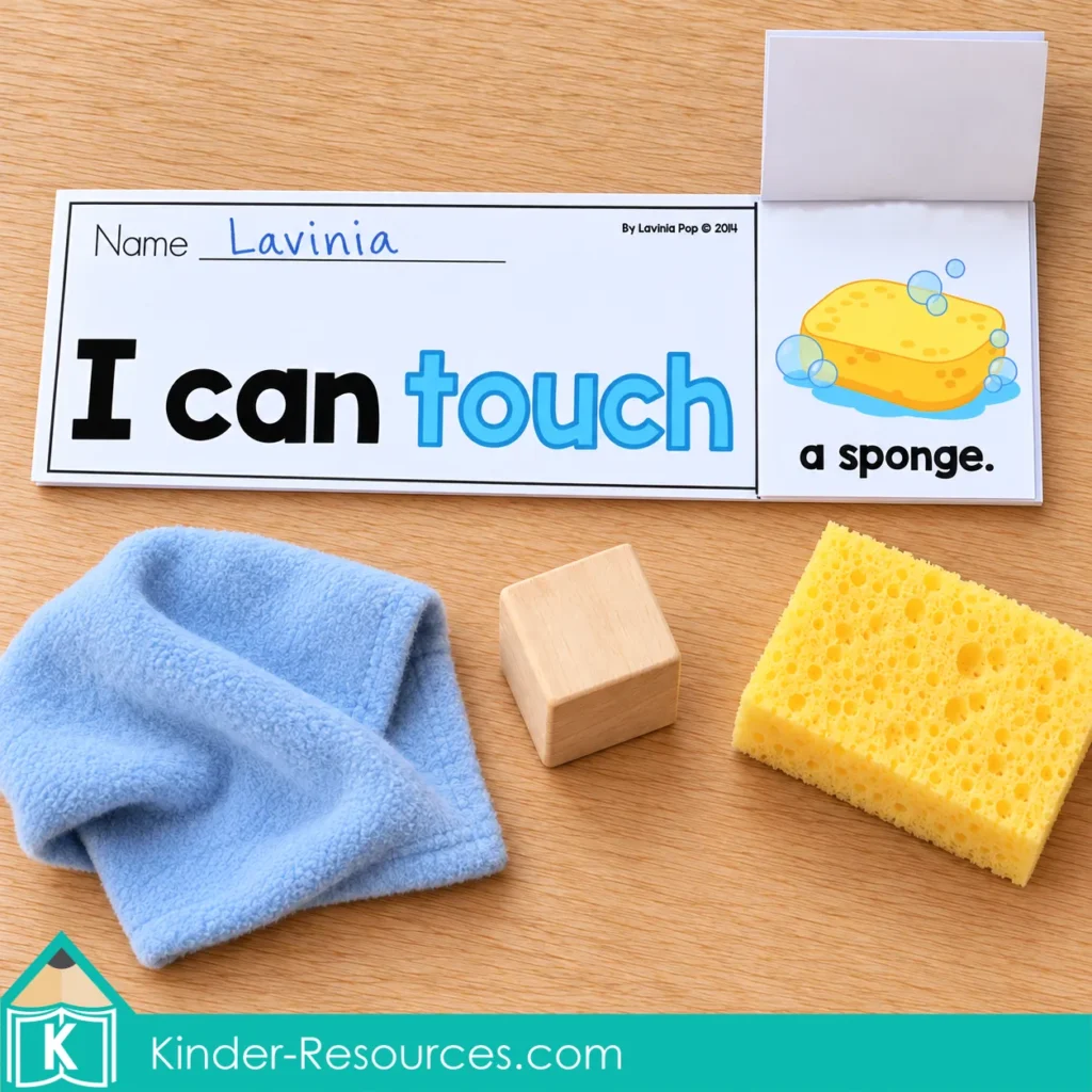Touch activity from the 5 senses flip books packet open to the sponge page, beside a yellow sponge, soft blue fabric, and a wooden block.