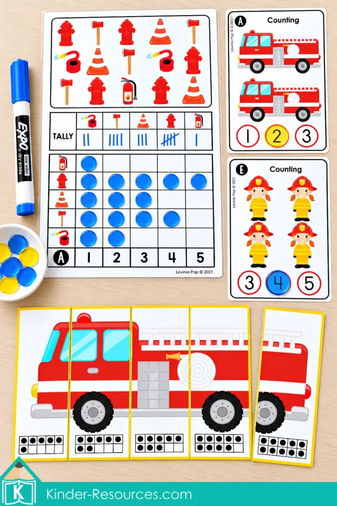 Firefighter counting cards, a tally and graph mat with blue counters, and a fire truck ten frame puzzle showing quantities 6 to 10.