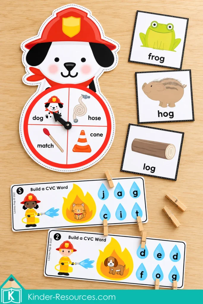 Fire safety literacy activities for kindergarten, with a Dalmatian rhyming spinner, picture cards, and cat and dog CVC clip cards.