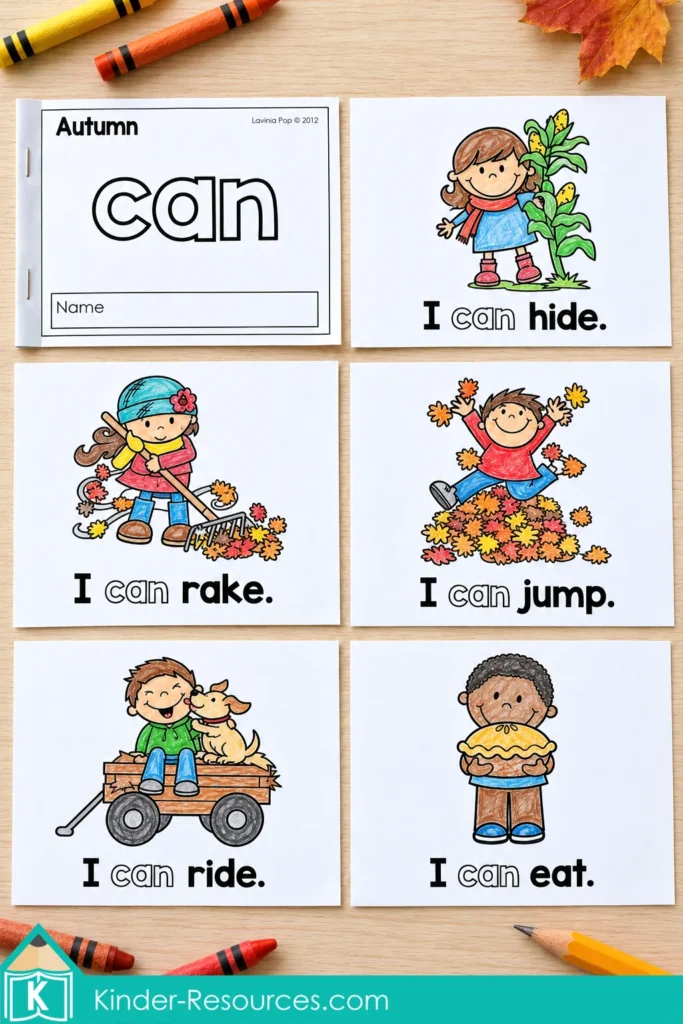 Fall sight word readers booklet with “I can” sentences about hiding, raking, jumping, riding, and eating, plus “can” to trace.