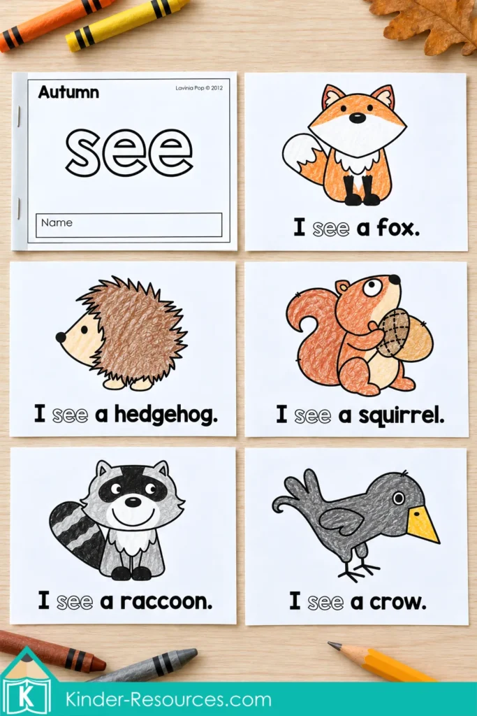 Fall sight word readers booklet with a fox, hedgehog, squirrel, raccoon, and crow, plus the sight word “see” to trace.
