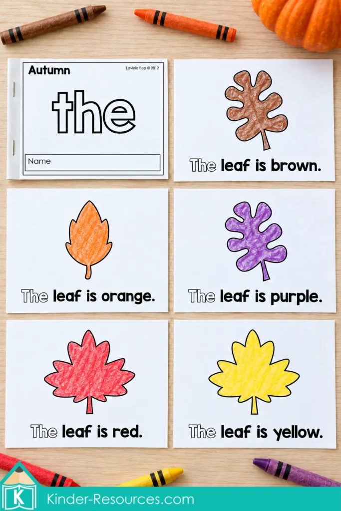 Fall sight word readers booklet with brown, orange, purple, red, and yellow leaves and the sight word “the” to trace.