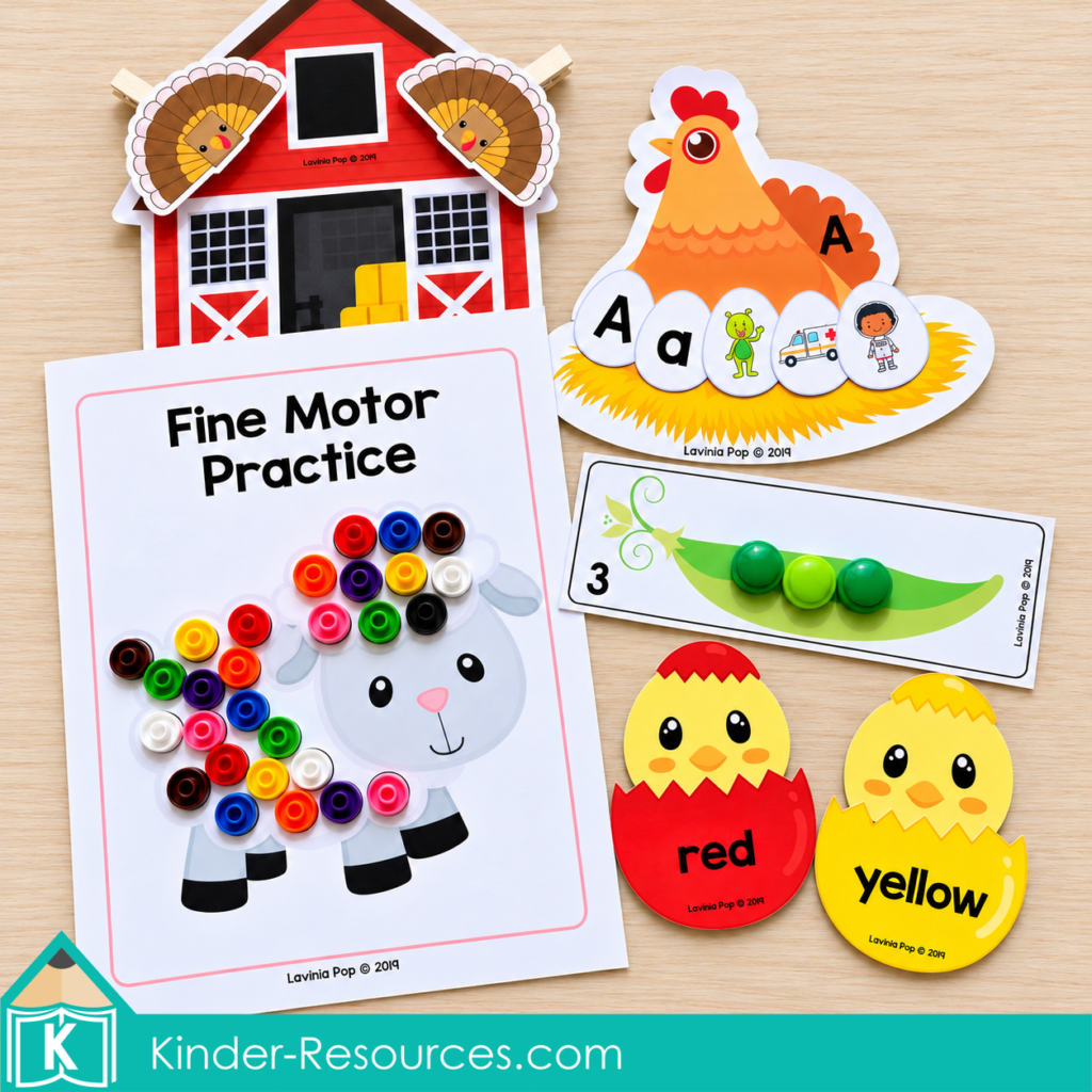 Farm activities with a sheep counter mat, alphabet chicken, turkey shape barn, pea counting card, and red and yellow chicks.