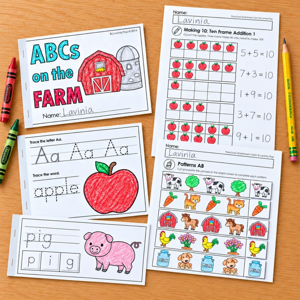 Farm Preschool Worksheets and Activities with an alphabet booklet, apple tracing, pig word-building page, making-10 worksheet, and AB patterns.
