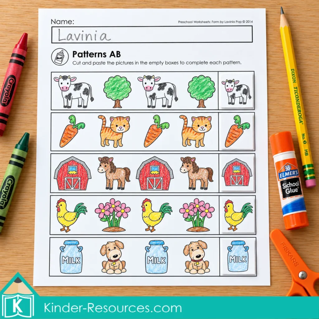 Farm Preschool Worksheets and Activities with five repeating AB patterns completed using pasted farm picture tiles.