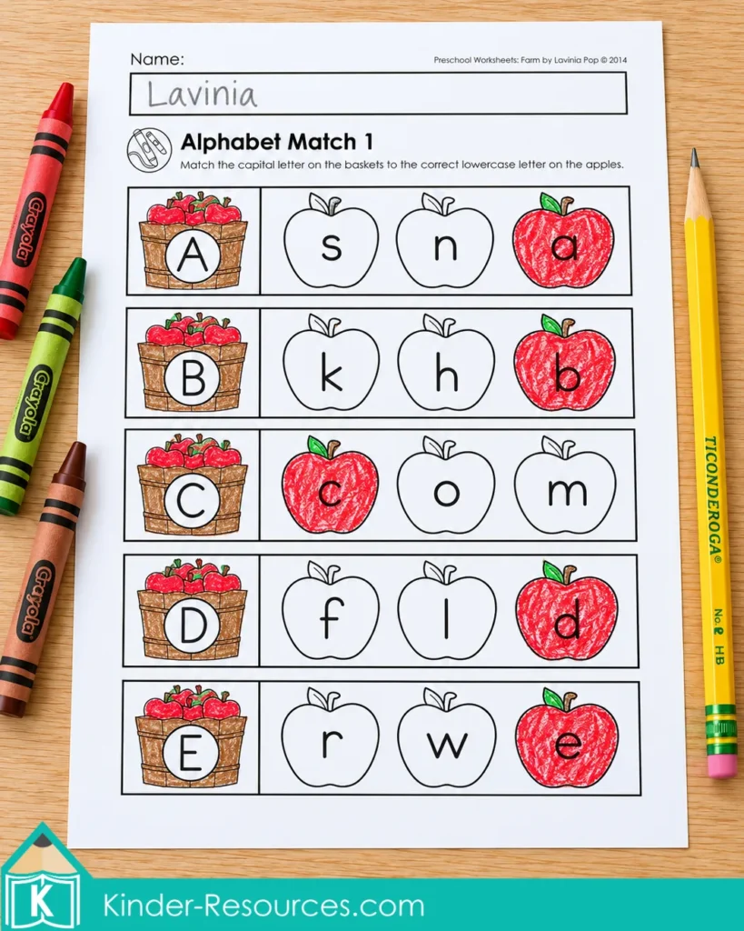 Farm Preschool Worksheets and Activities with uppercase letters A–E matched to lowercase letters on colored apples.