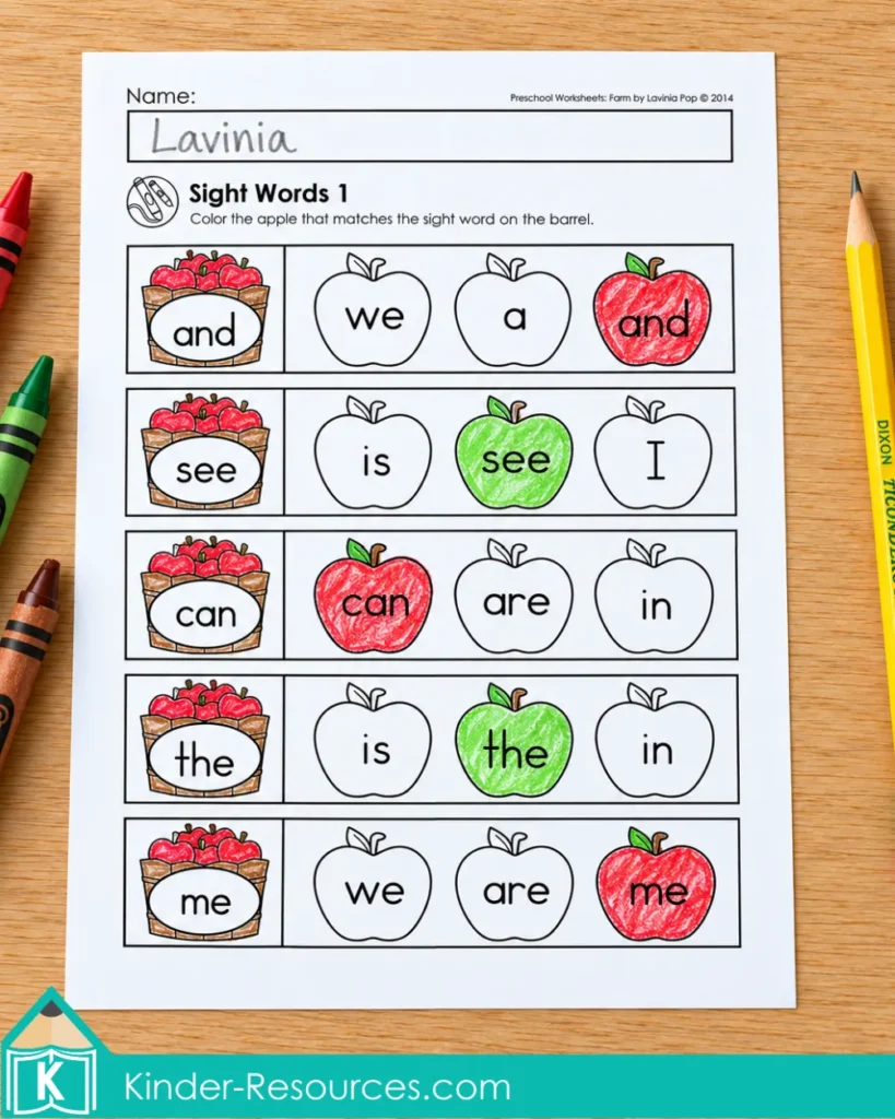 Farm Preschool Worksheets and Activities with colored apples matching the sight words and, see, can, the and me.