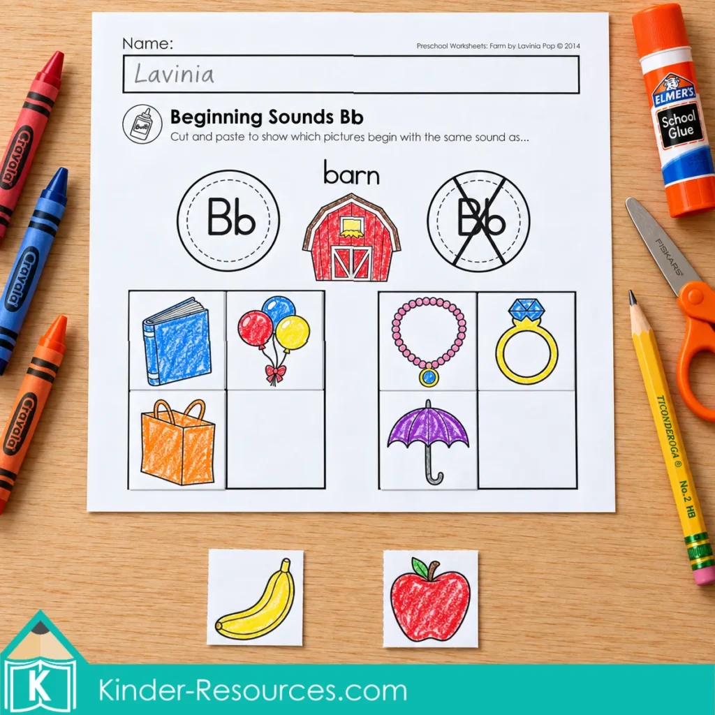 Farm Preschool Worksheets and Activities with a partially completed Bb picture sort and banana and apple tiles ready to sort.