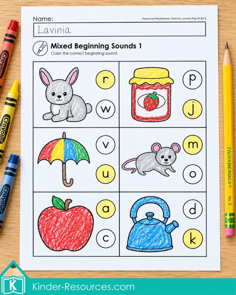 Farm Preschool Worksheets and Activities with beginning sounds identified for rabbit, jam, umbrella, mouse, apple and kettle.