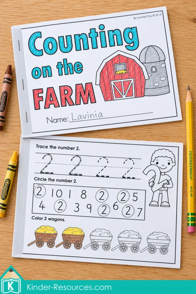 Farm Preschool Worksheets and Activities with a counting booklet cover and number 2 page, including tracing, circled 2s and two colored wagons.