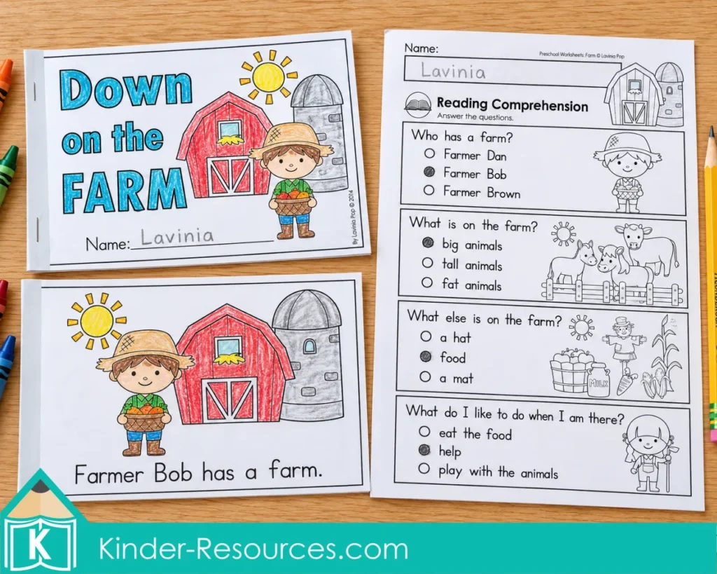 Farm Preschool Worksheets and Activities with the Down on the Farm reader cover, a Farmer Bob reading page and a completed comprehension worksheet.
