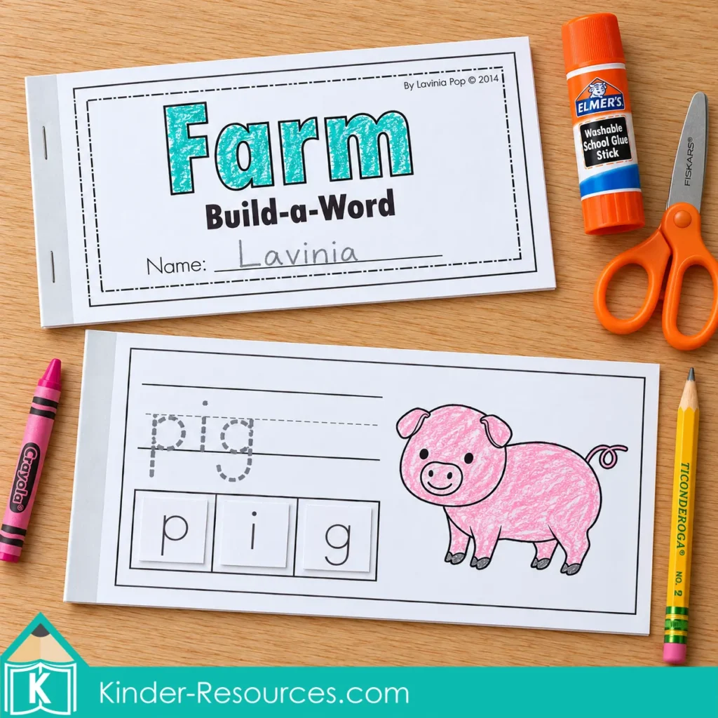 Farm Preschool Worksheets and Activities with a Build-a-Word booklet cover and a pig page with word tracing and pasted p, i and g letter tiles.