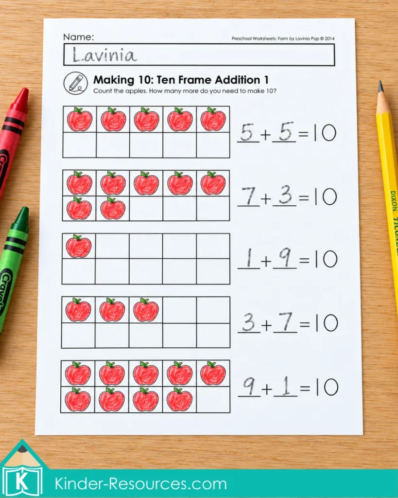 Farm Preschool Worksheets and Activities with five apple ten frames and completed addition equations totaling 10.