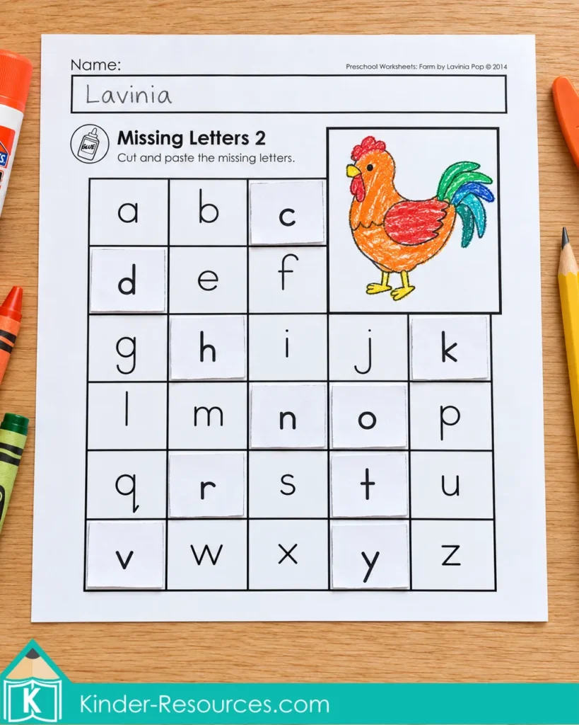Farm Preschool Worksheets and Activities with a lowercase alphabet sequence completed using cut-and-paste letter tiles.
