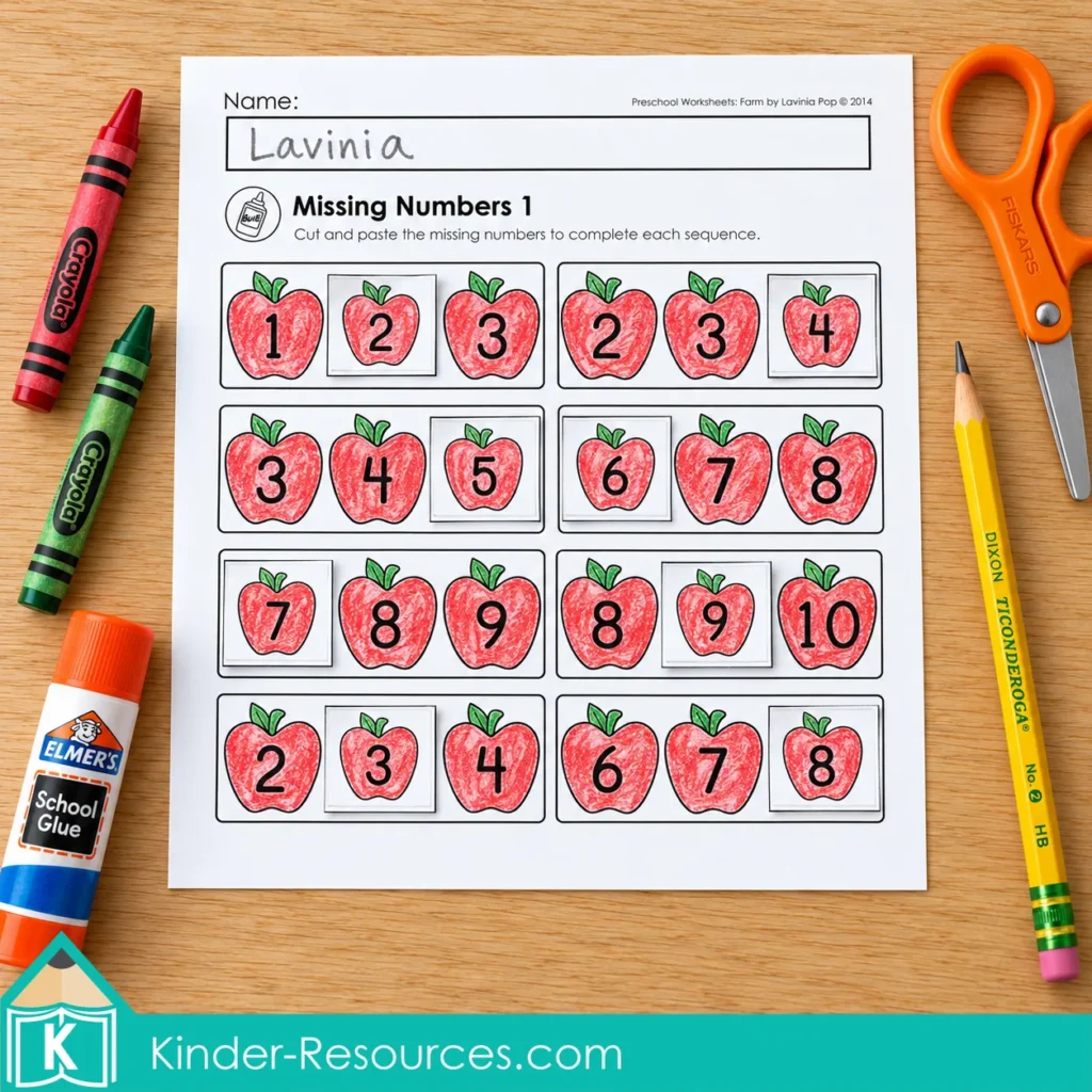 Farm Preschool Worksheets and Activities with eight apple number sequences completed using cut-and-paste missing-number tiles.