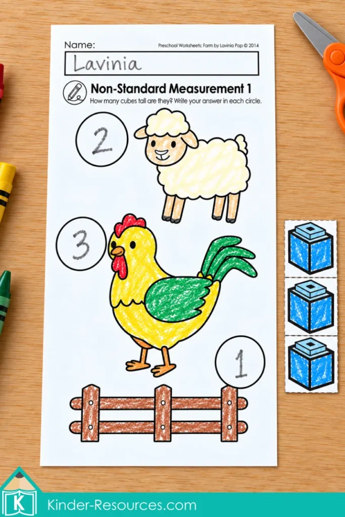 Farm Preschool Worksheets and Activities with a sheep, rooster and fence measured using printable cube units and handwritten answers.