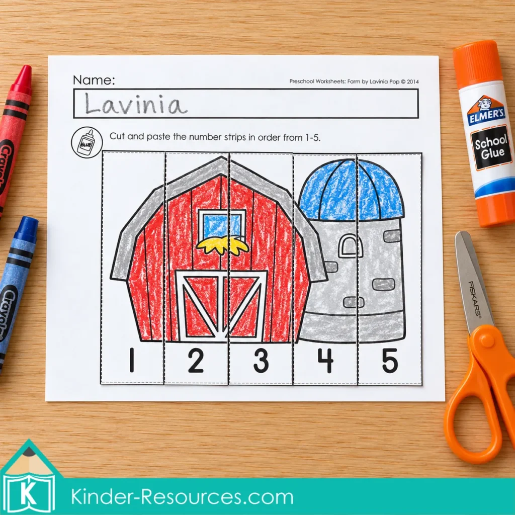 Farm Preschool Worksheets and Activities with five number strips arranged from 1 to 5 to complete a barn and silo picture.