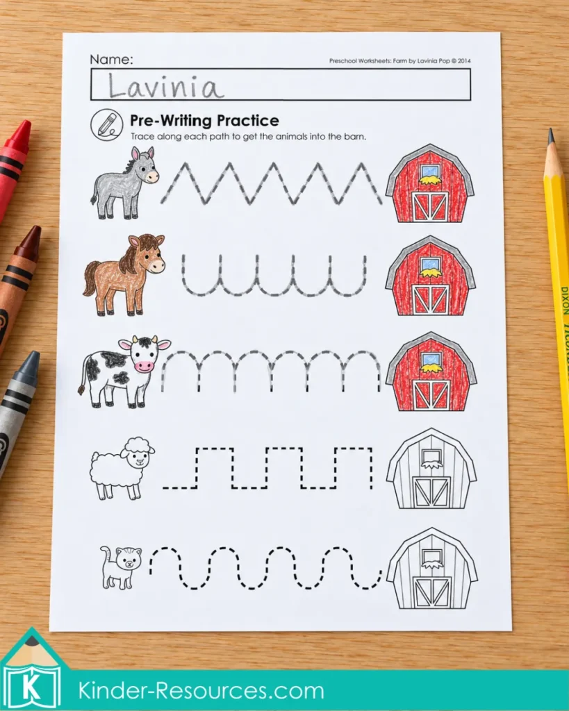 Farm Preschool Worksheets and Activities with five animal-to-barn tracing paths, including zigzags, curves, steps and waves.